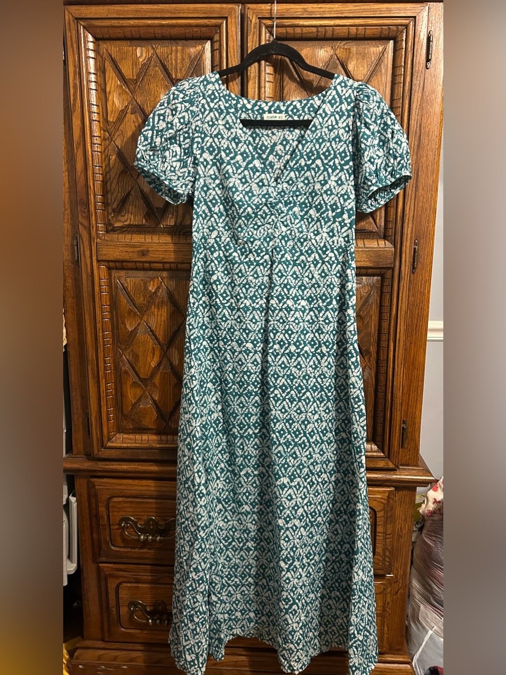 Matta Teal and White Patterned Short Sleeve Maxi Dress